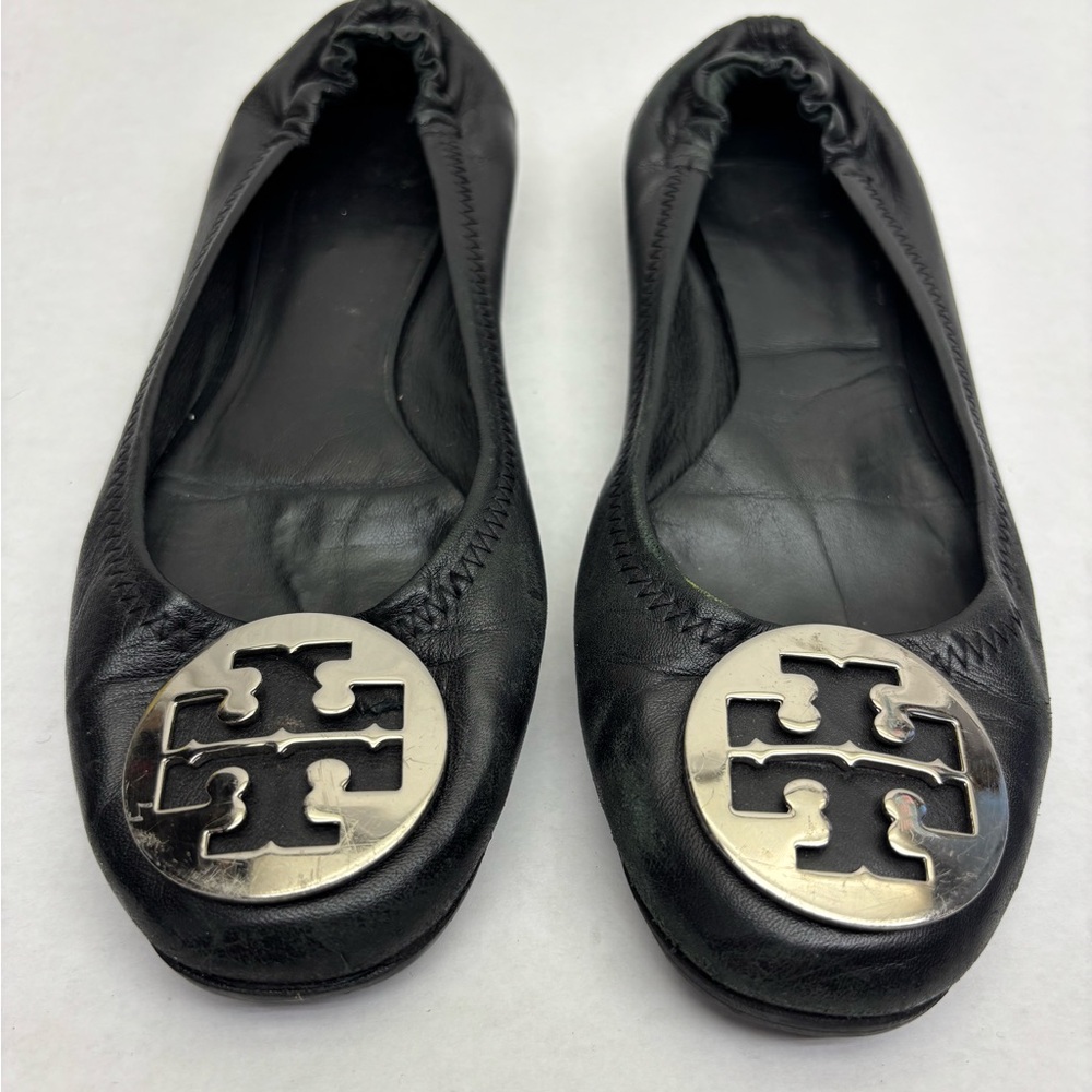 Tory Burch Black Leather Logo Ballet Flats with Silver Medallions
